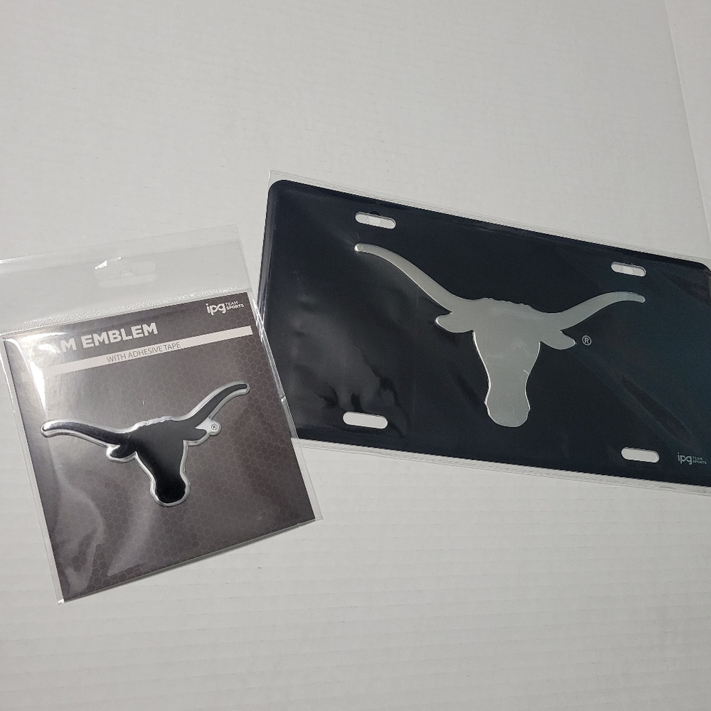 UT Texas Longhorns Metal License Plate and Bevo Longhorn Auto Emblem Sticker
